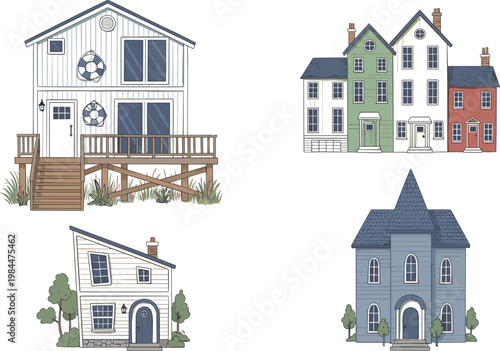 Set of Colorful Residential House Illustrations with Unique Designs for Real Estate, Property, and Architecture Graphics