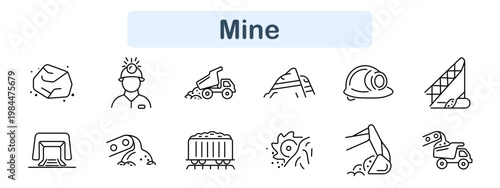 Mine set icon. Rock stone, miner helmet, dump truck, mountain, safety helmet, conveyor belt, tunnel entrance, drilling arm, ore wagon, cutting saw, excavator, hauling truck. Industry visuals