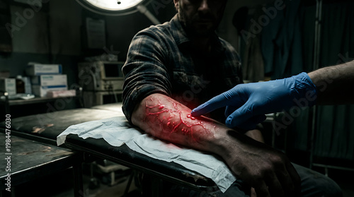 Medical professional examining a glowing red wound on a person's arm in a sterile treatment room
