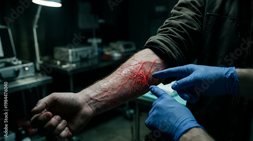 Medical professional examines a patient's arm showing glowing red veins, likely indicating a health issue or scientific experiment