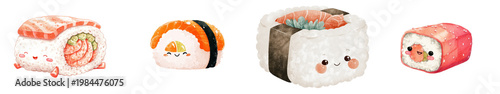 Cute kawaii sushi set illustration with smiling salmon roll nigiri maki and temari style pieces isolated on black