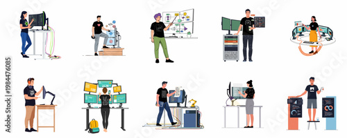Set of illustrations depicting diverse software developers, programmers, and tech professionals working in various modern office setups with multiple monitor displays.