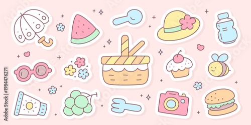 Cute summer picnic sticker set with outdoor elements. Collection of charming warm season items including food, accessories and nature details in soft pastel palette with playful mood.