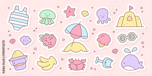 Cute beach sticker set with summer vacation elements. Collection of playful seaside themed objects including marine animals, accessories and tropical details in soft pastel tones with cheerful mood.