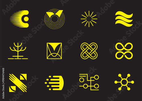 Modern Yellow Abstract Geometric Icons Set on Black Background


