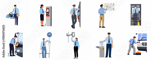 Set of public transportation staff icons featuring drivers, ticket inspectors, and maintenance workers in professional uniforms performing various transit duties.