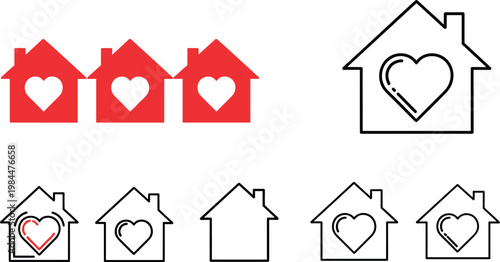 Set of House Icons with Heart Symbol for Love, Real Estate, and Home Graphics in Red and Black