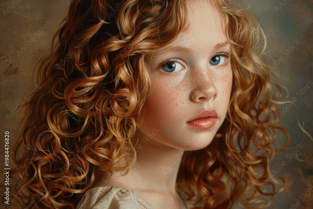Fototapeta premium Portrait of a young girl with curly red hair and freckles, looking thoughtful