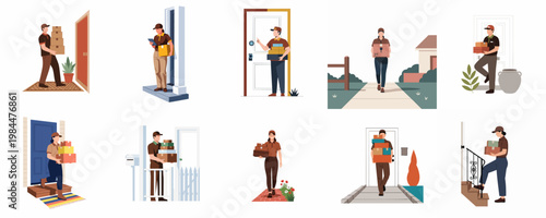 Foto Collection of professional couriers delivering packages to residential homes, flat vector illustration set of delivery service staff