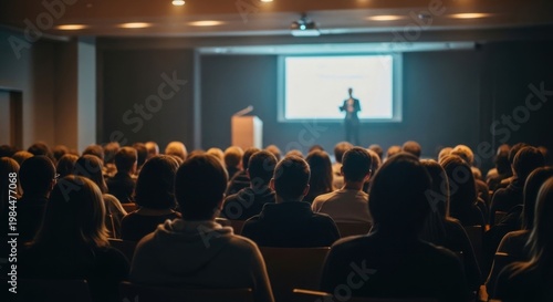 Engaging Presentation - Speaker Addressing Audience in Conference Hall.