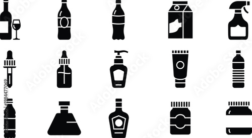 Black silhouette icons of various beverage containers cosmetic bottles and household spray packaging