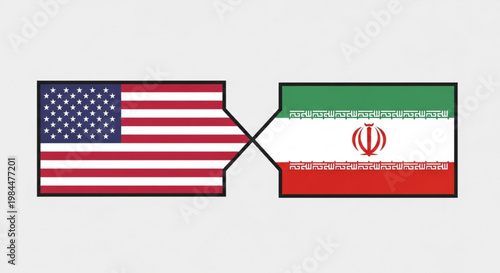 American and iranian flags connected by lines on white background symbolizing international relations