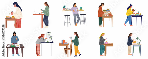 Flat vector illustration set of women managing personal finances, tracking expenses, and budgeting at home while wearing comfortable pajamas.