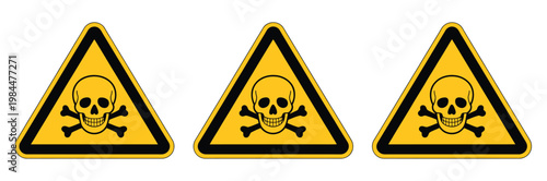 Poison warning sign set with yellow and black triangle symbols for hazardous material and toxic alert labels
