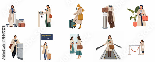 Flat vector illustrations of a woman traveling at an airport terminal with luggage, holding a passport and boarding pass in various situations.
