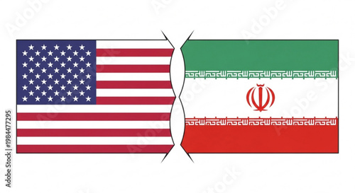 Torn usa and iran flags side by side symbolizing conflict or diplomatic tension between america and iran