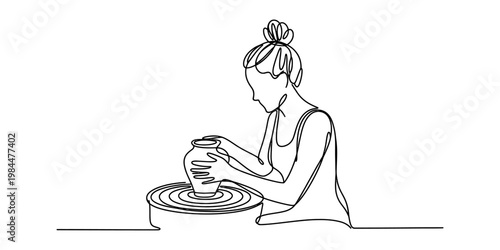 Continuous line drawing of a woman potter shaping a clay vase on a spinning pottery wheel
