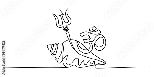 Continuous line drawing of hindu religious symbols trishula om and shankha for meditation