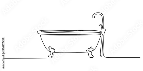 Continuous line drawing of a classic clawfoot bathtub with an elegant faucet on a white background