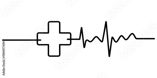 Minimalist medical cross icon integrated with a continuous line representing a heartbeat rhythm