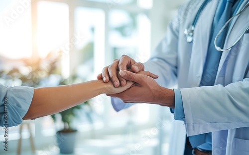 Doctor gently holds patient hand in medical office showing compassion and empathy offering hope during difficult times.