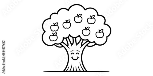 A cute cartoon apple tree with a happy smiling face on the trunk for kids coloring book.
