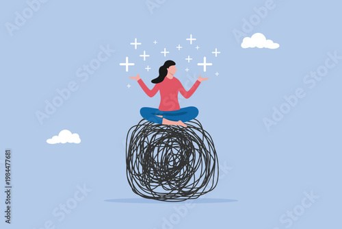 Tableau sur toile Woman in lotus meditation on chaos mess line with positive energy, control emotion during problem solving or frustration work concept, stress management, meditation or relaxation to reduce anxiety