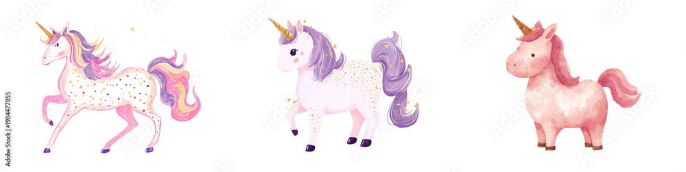 Fototapeta premium Cute watercolor unicorn collection with three pastel fantasy horses isolated on black background