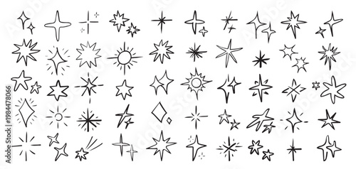 Hand drawn star doodles and sparkles set. Collection of minimalist magic starbursts, twinkling elements and celestial shapes for social media and design.