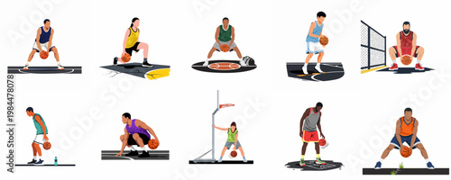 Collection of diverse basketball players in various active poses, dribbling and holding balls, depicted in a modern, minimalist flat vector illustration style.