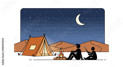 Friends Sitting by a Campfire at Night in the Desert with Tent and Starry Sky Background Vector Illustration