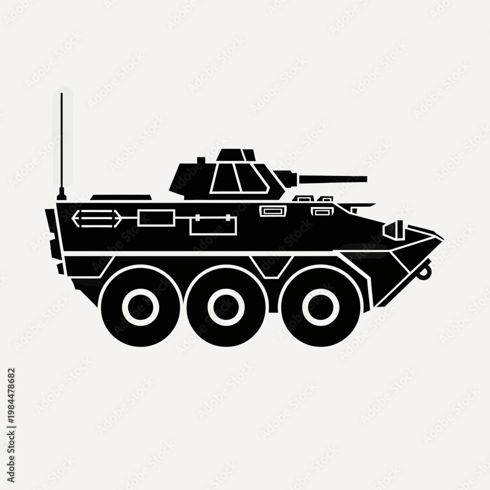 Fototapeta premium Black Silhouette of a Wheeled Armored Personnel Carrier (APC) Military Vehicle Icon