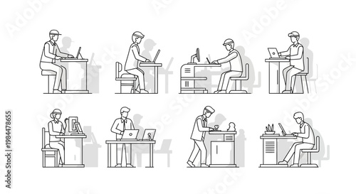 Collection of diverse people working on laptops and computers at desks, office life, remote work, study