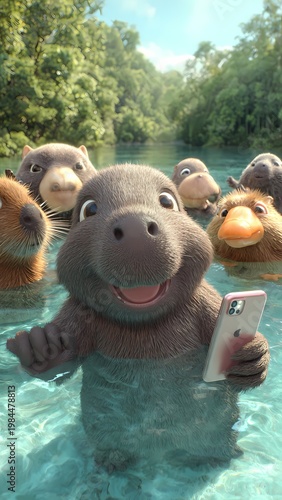 Funny Animal Friends Taking Selfie in Nature Adventure