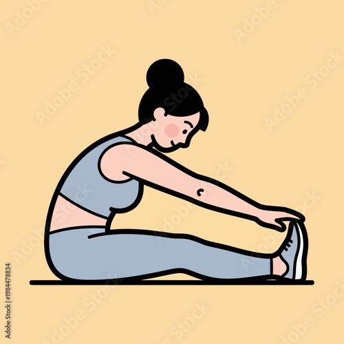 Young woman in sportswear performing seated forward bend stretch, fitness and yoga concept vector illustration