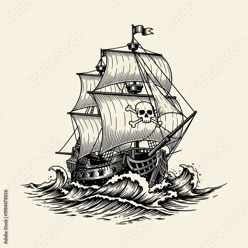 Vintage Engraving Style Illustration of a Pirate Ship Sailing on Rough Ocean Waves with Jolly Roger Skull and Crossbones Symbol