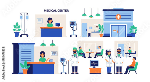 Medical Center Scene: Clinic Interior, Doctors, Patients, Reception, Hospital Building