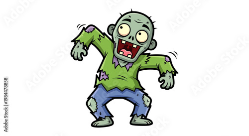 Funny Cartoon Zombie Character Walking in Tattered Clothes Isolated on White Background