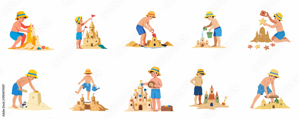 Obraz premium Set of flat vector illustrations featuring young boys in sun hats and blue shorts building creative sandcastles on the beach.