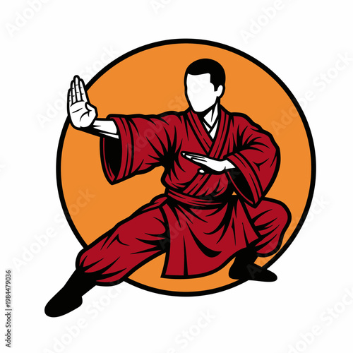 Martial Arts Master in Traditional Red Uniform Performing a Kung Fu Stance on an Orange Circular Background Vector Illustration