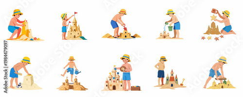 Set of flat vector illustrations featuring young boys in sun hats and blue shorts building creative sandcastles on the beach.