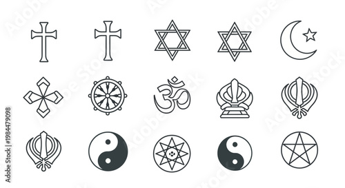Collection of Religious Symbols Icons Vector - Christianity, Judaism, Islam, Buddhism, Hinduism, Sikhism, Taoism, Paganism