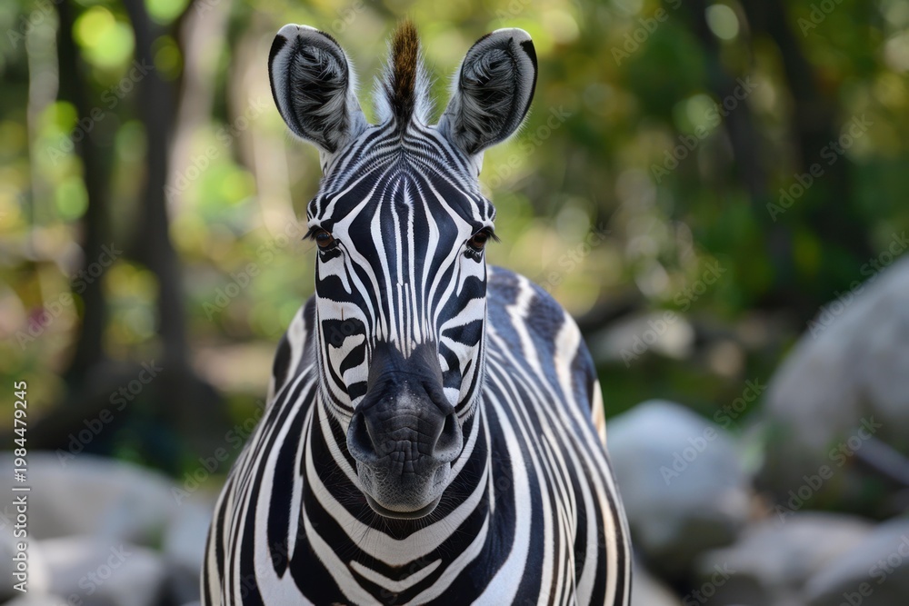 Fototapeta premium Zebra standing in natural habitat, looking directly at viewer