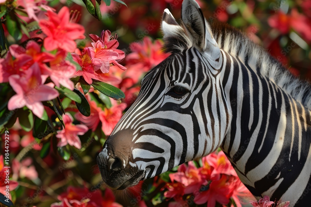 Fototapeta premium Zebra head showing distinctive stripes among bright pink blooming rhododendron flowers