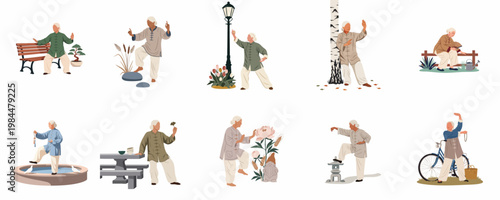 Vector illustration set of active seniors practicing Tai Chi and Qigong in various outdoor garden and park settings for health and wellness.