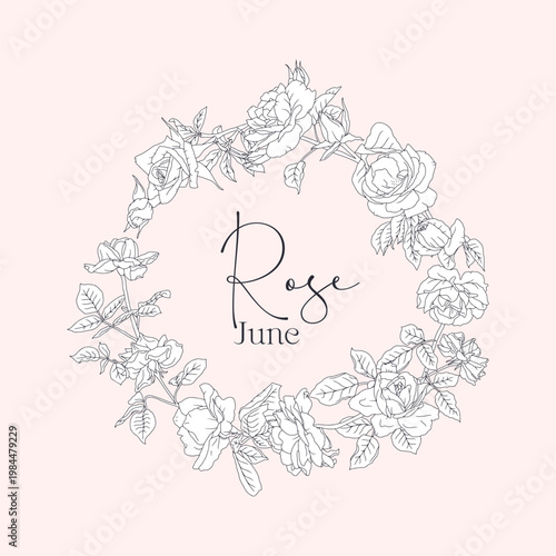 Hand drawn line art black and white flowers round frame with text Rose June on pink background