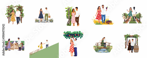 Collection of romantic couple illustrations in outdoor settings like vineyards, gardens, and fields, featuring various activities like walking, picking grapes, and enjoying nature.