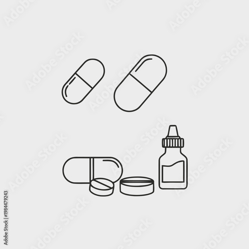 Minimalist vector illustration of pharmaceutical capsules, tablets, and a dropper bottle on a plain background