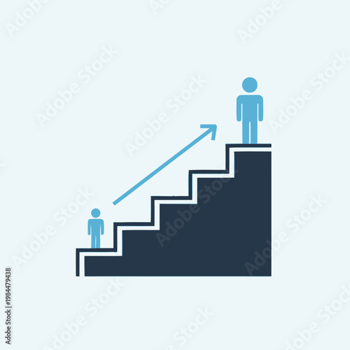 Minimalist vector icon depicting a person ascending a staircase, symbolizing career advancement, personal growth, and the strategic journey towards achieving success and professional goals