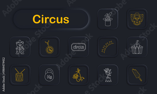 Circus set icon. Magic hat with rabbit, clown face, teddy bear, unicycle, circus signboard, crown, tent, drum, weight, flower trick, juggler, ice cream symbols in line neon style.